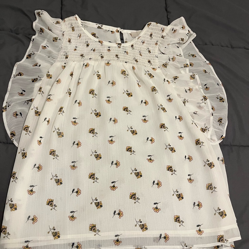 Floral White Blouse with Ruffle Sleeves